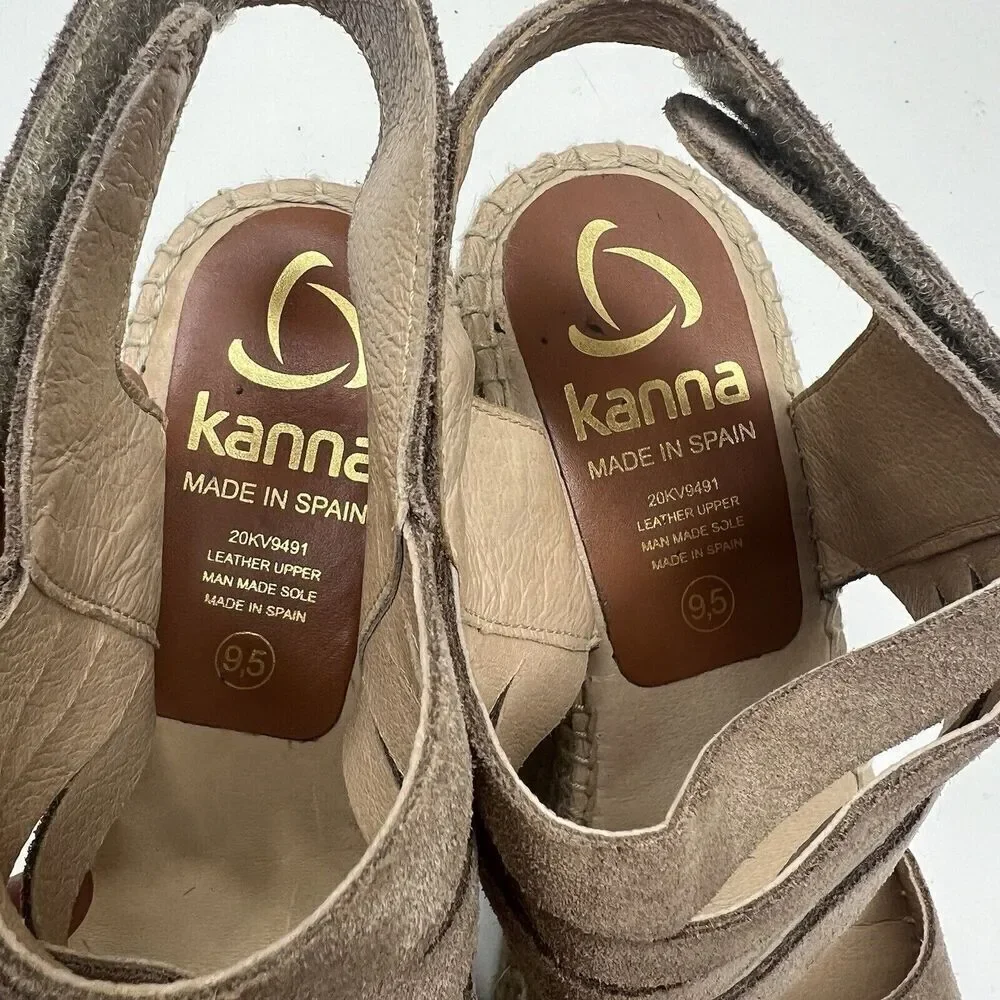 Kanna Tan Suede Espadrilles Wedge Sandals Size 9.5 41 Ankle Strap